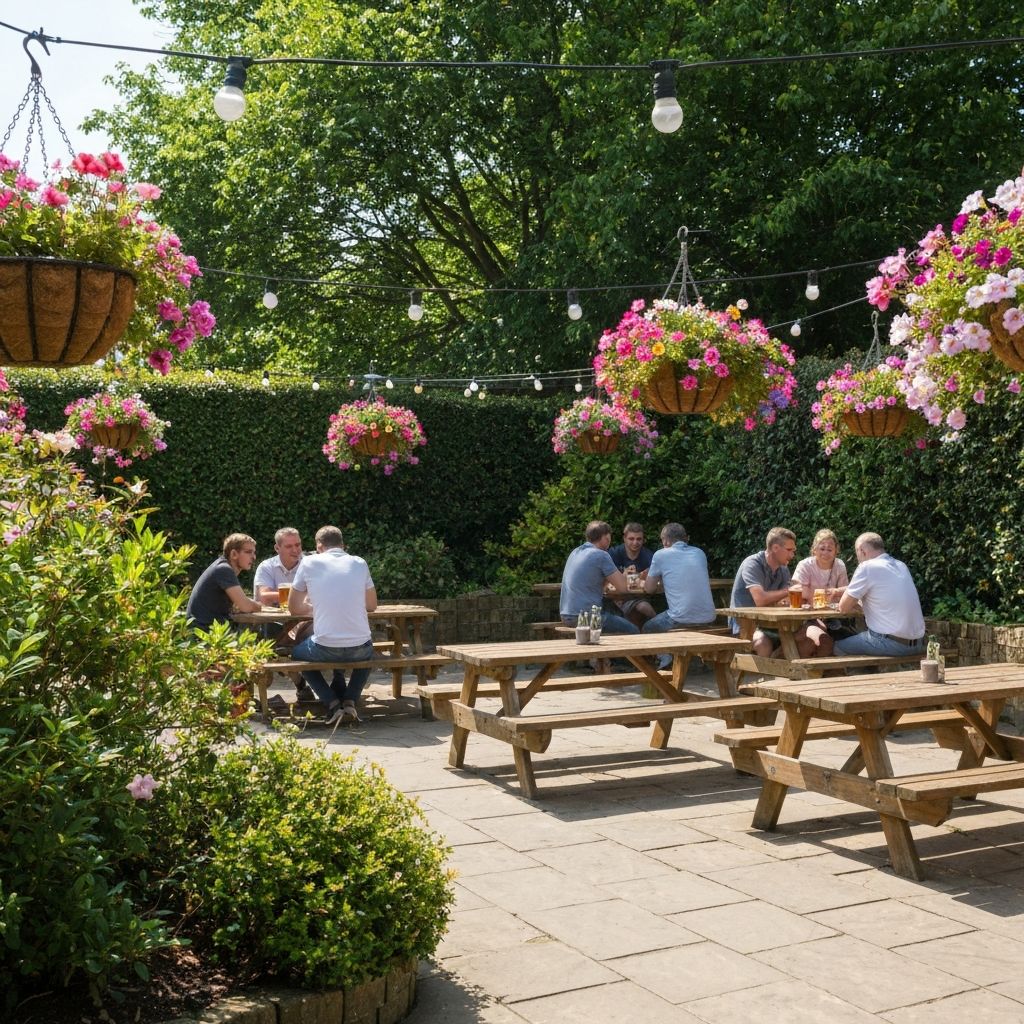 British pub beer garden in summer with customers enjoying drinks