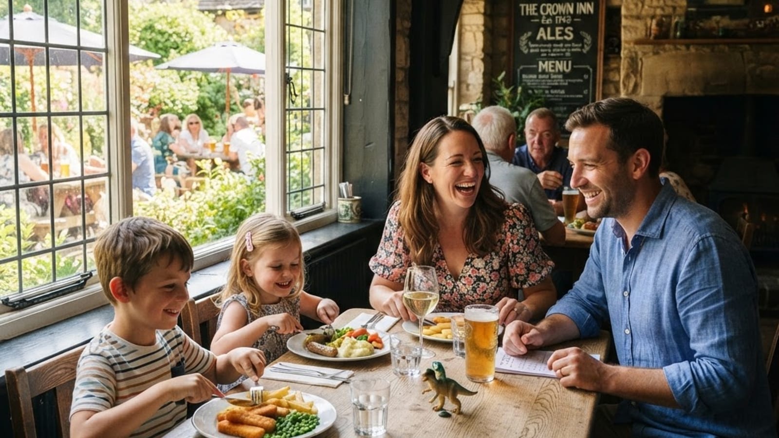 A family with children enjoying a meal at a traditional British pub in summer