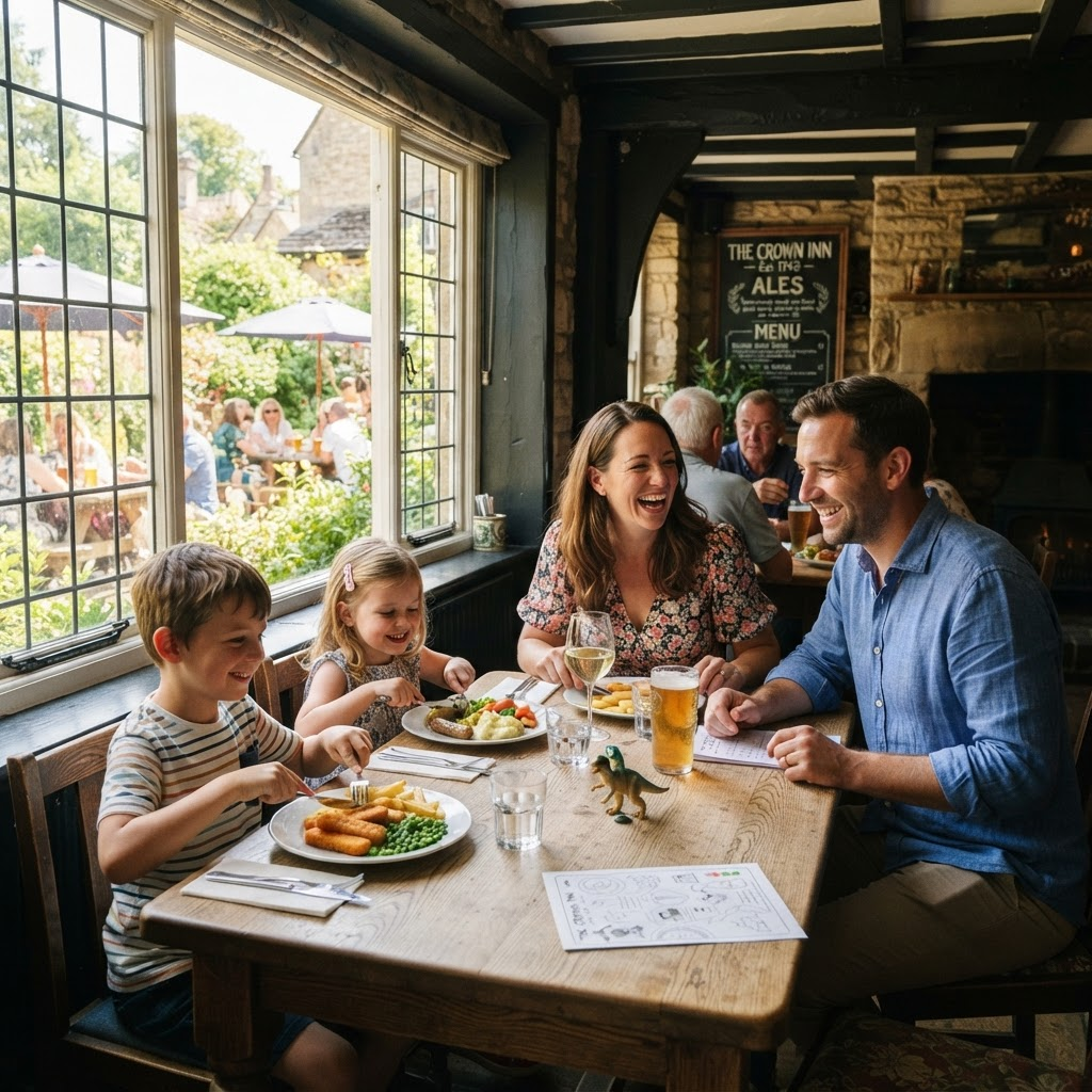 A family with children enjoying a meal at a traditional British pub in summer