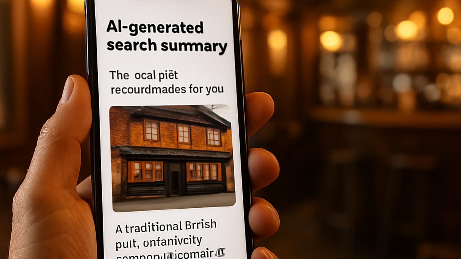 A smartphone showing an AI search summary describing a pub as a top local choice