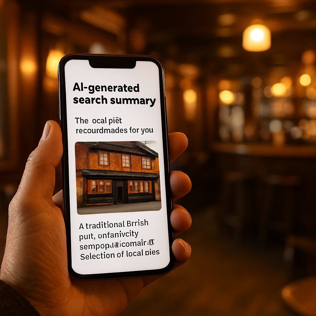 A smartphone showing an AI search summary describing a pub as a top local choice