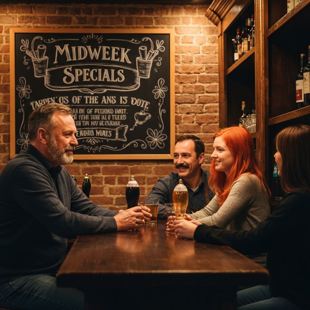 Cozy pub interior on a midweek evening with special offers chalkboard