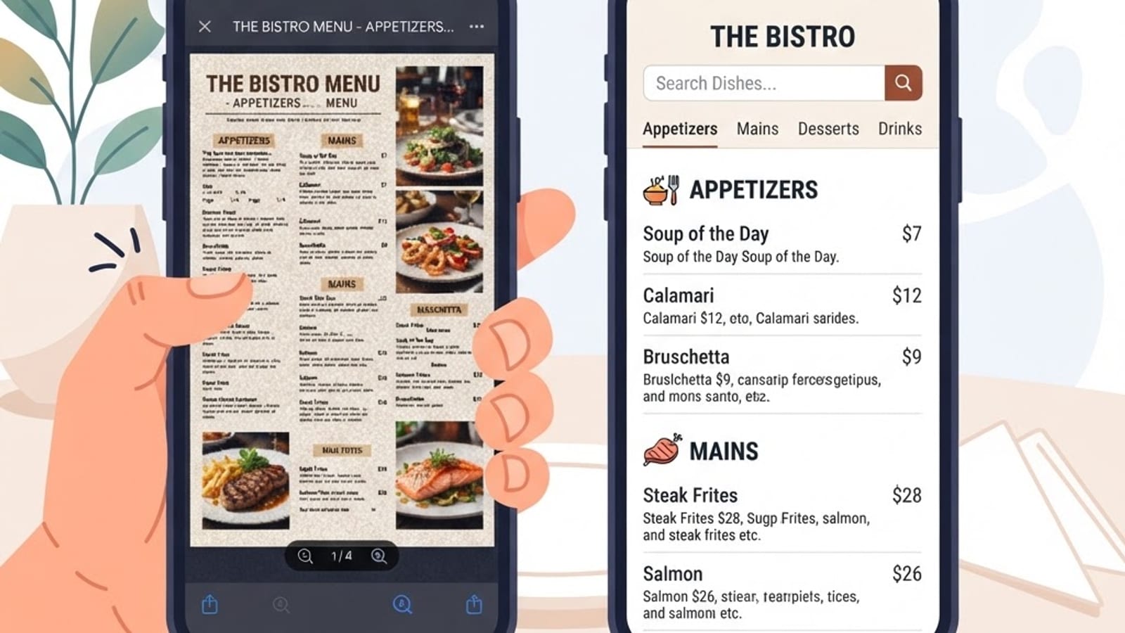 A pub menu shown as a hard-to-read PDF next to the same menu as a mobile-friendly web page