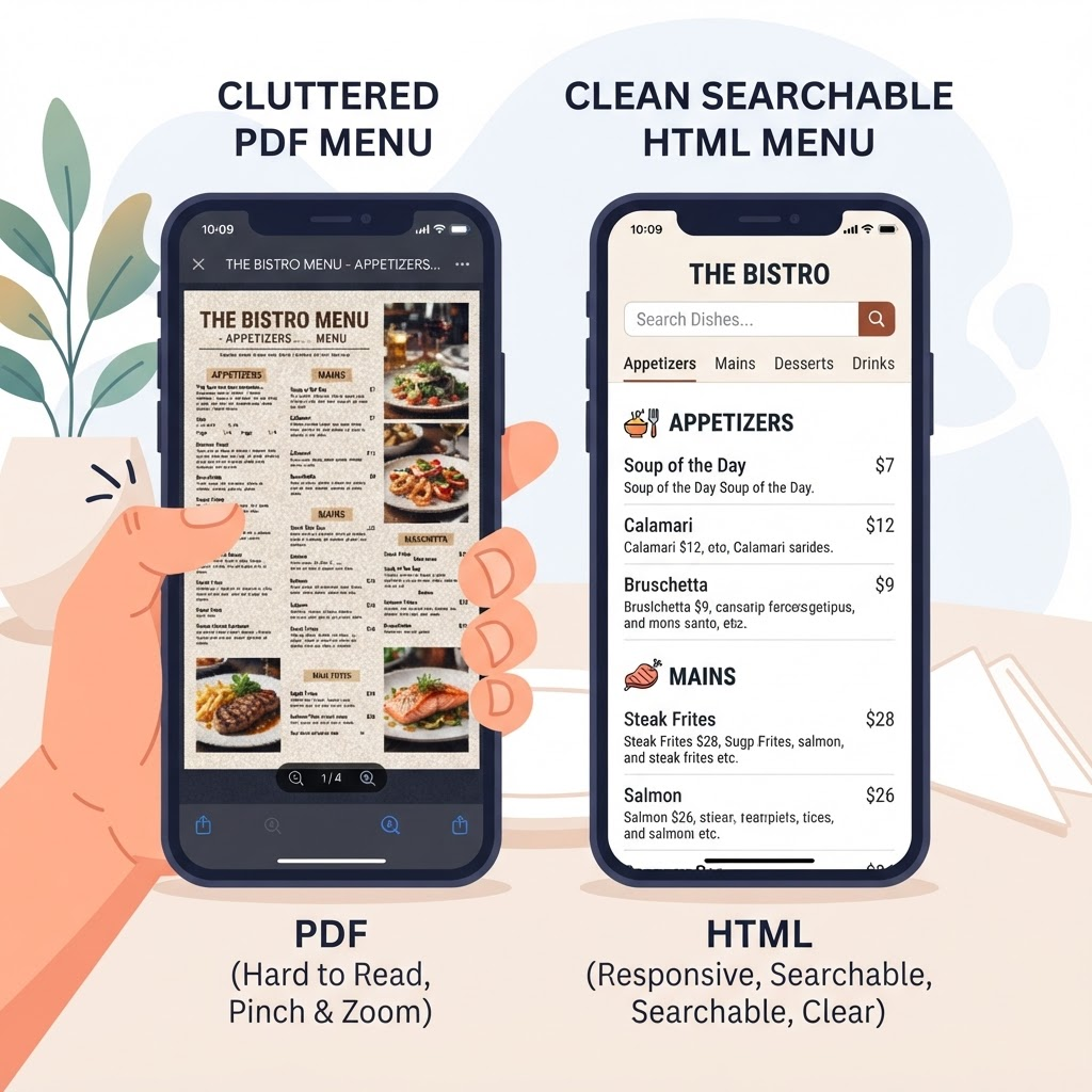A comparison showing a difficult-to-read PDF menu on a phone versus a clear, searchable HTML menu
