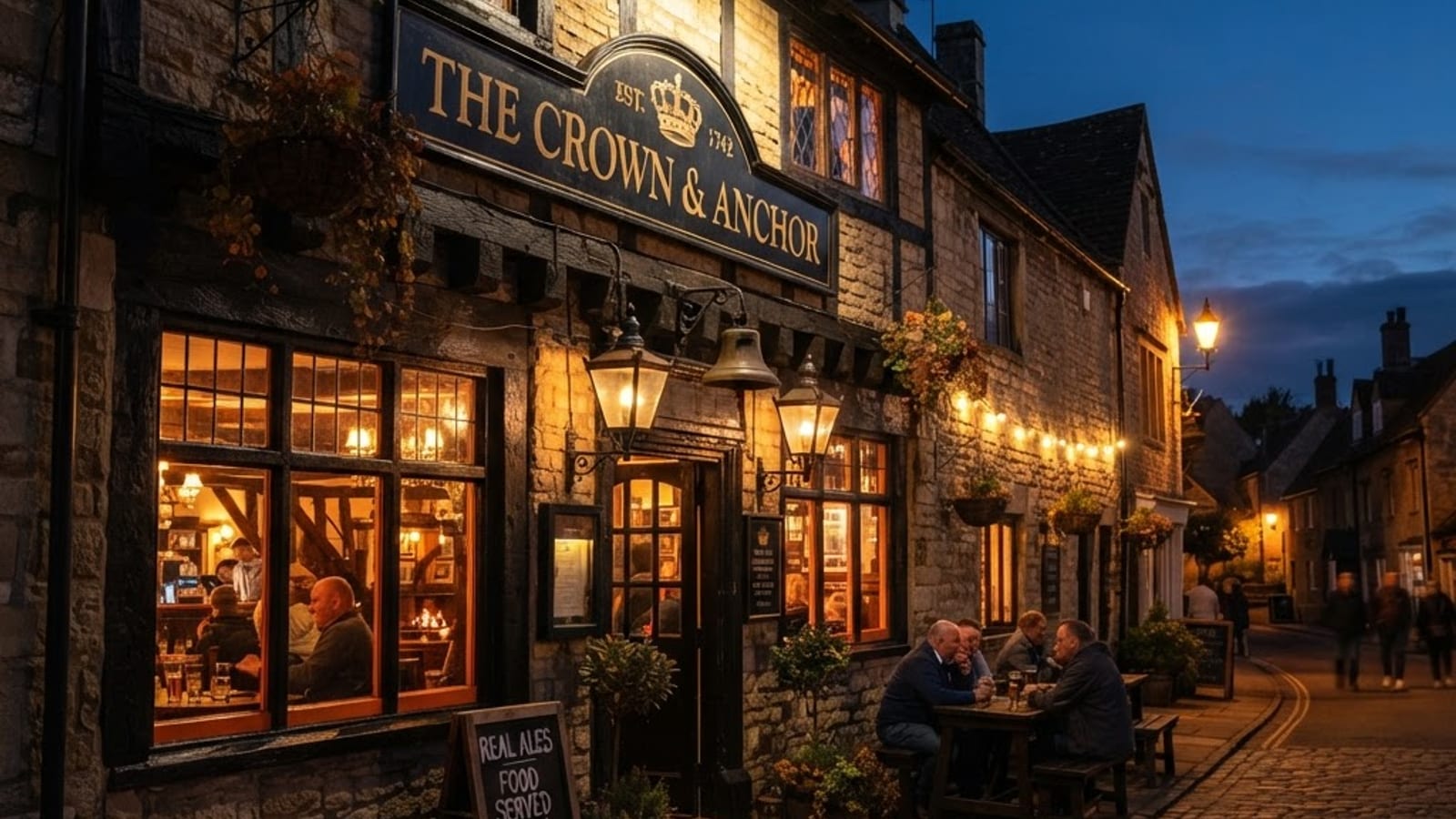A traditional UK pub exterior at twilight with a warm amber glow illuminating the windows and dark wood signage