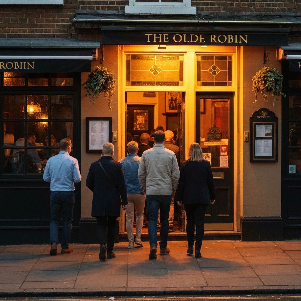 Customers walking into a welcoming British pub