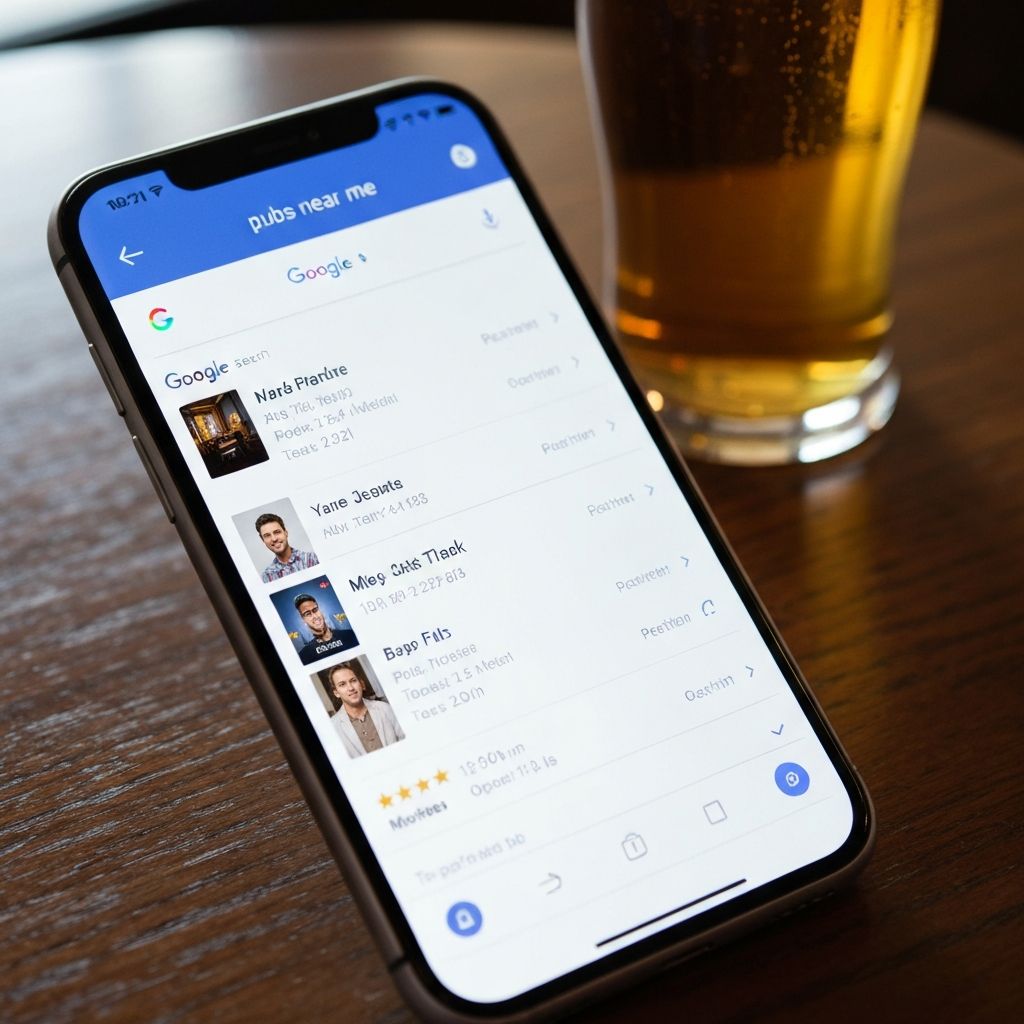 Smartphone showing Google search results for pubs
