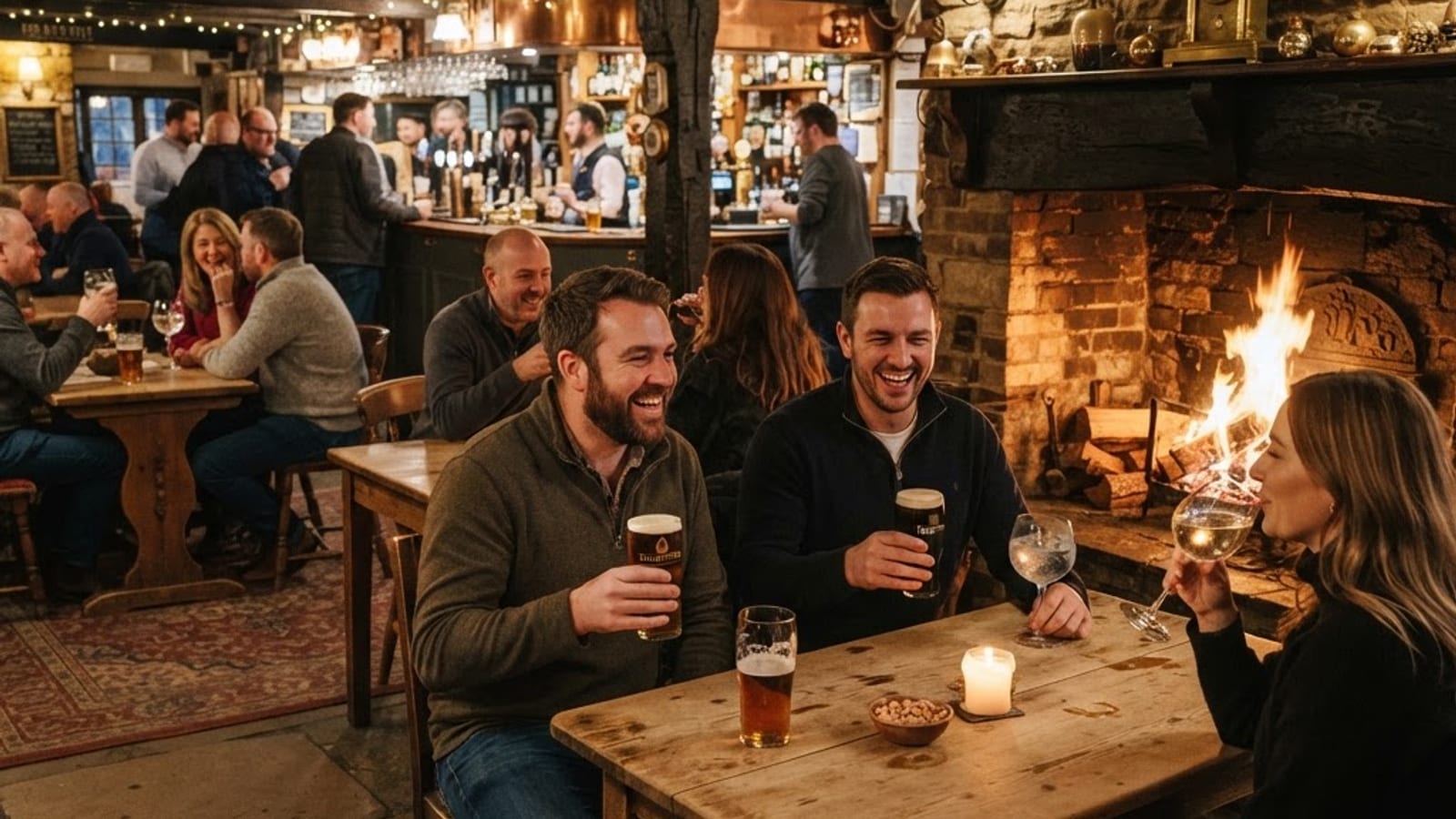Traditional pub interior with a lit open fire and low evening lighting
