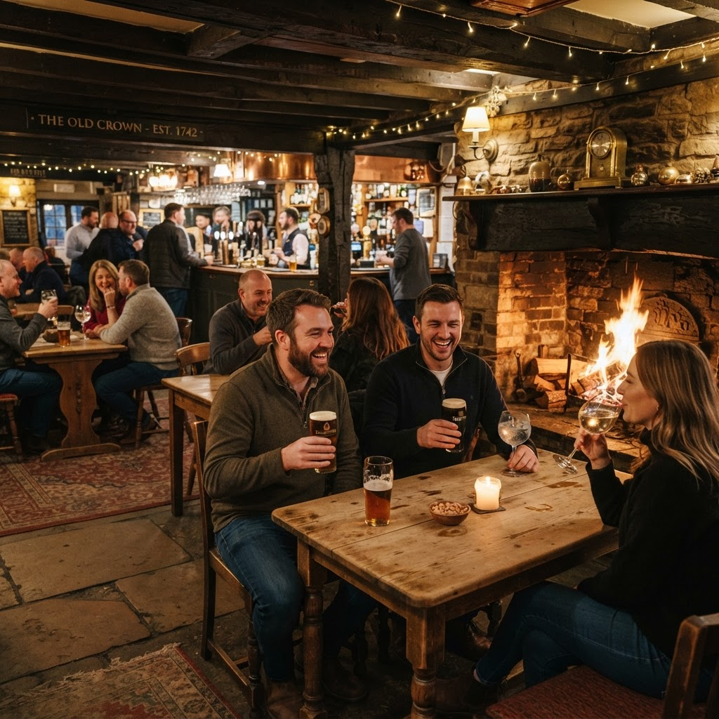 A warm and inviting traditional pub interior with a roaring fireplace and patrons enjoying drinks