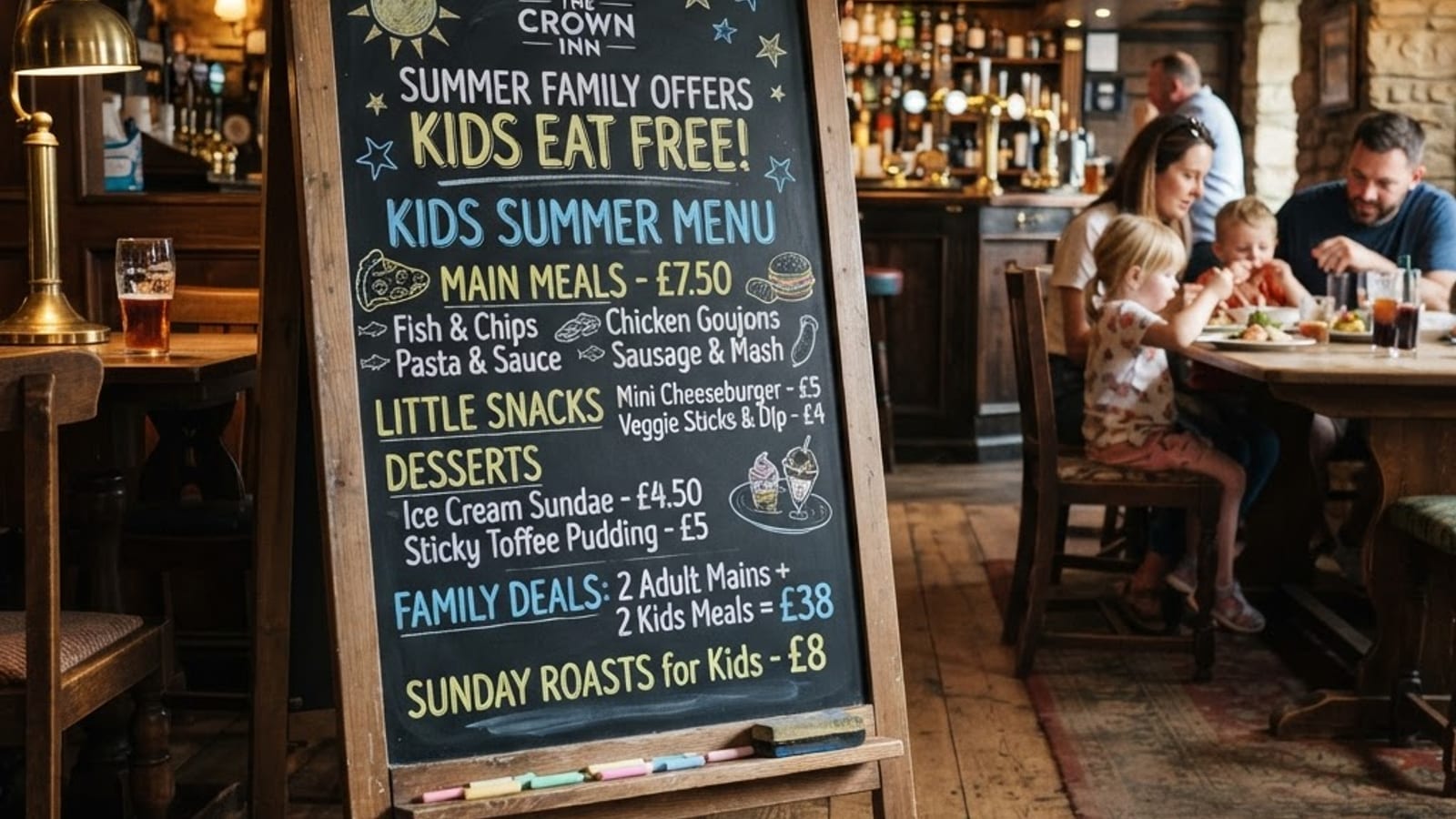 A pub chalkboard advertising a summer children's menu and family offers