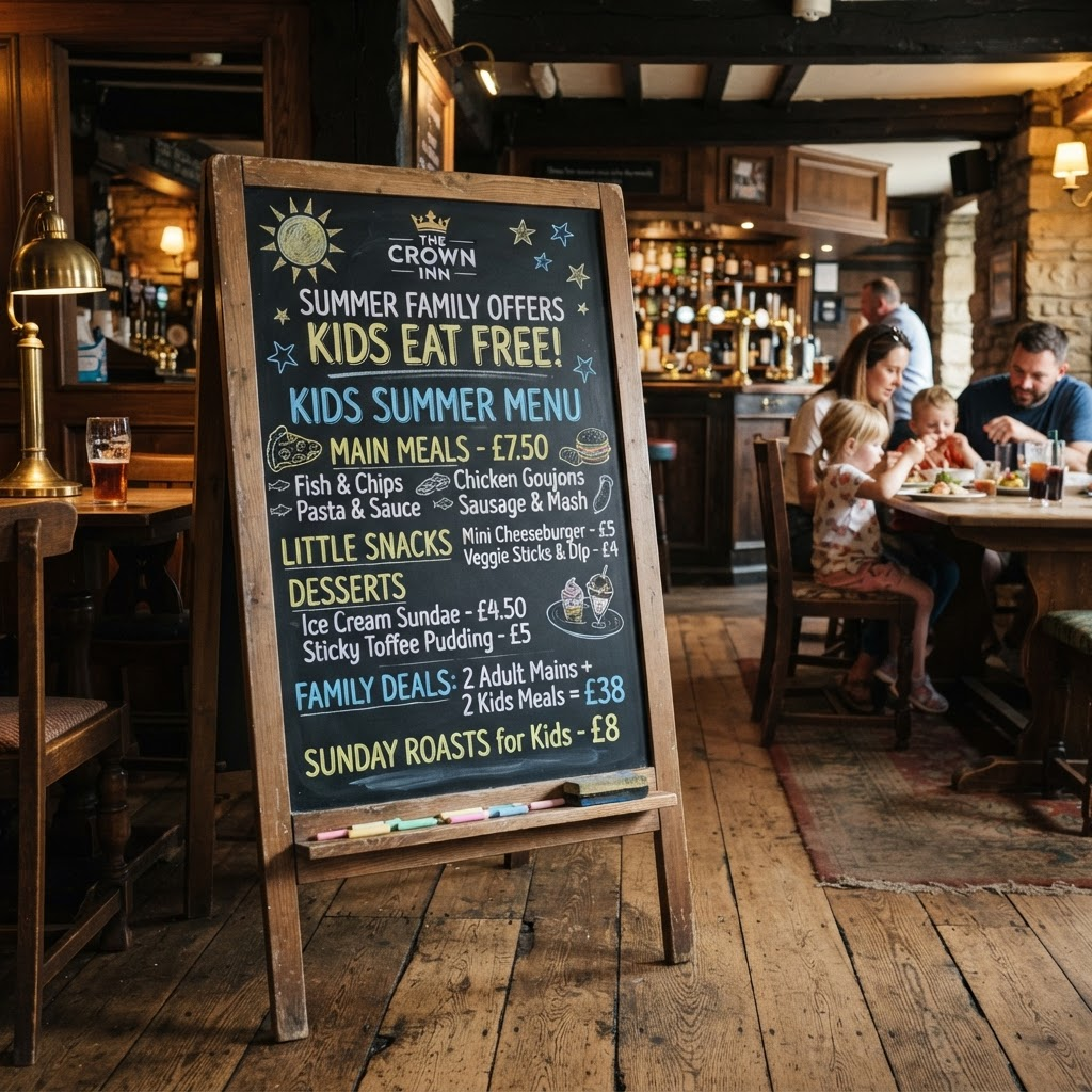 A pub chalkboard advertising a summer children's menu and family offers