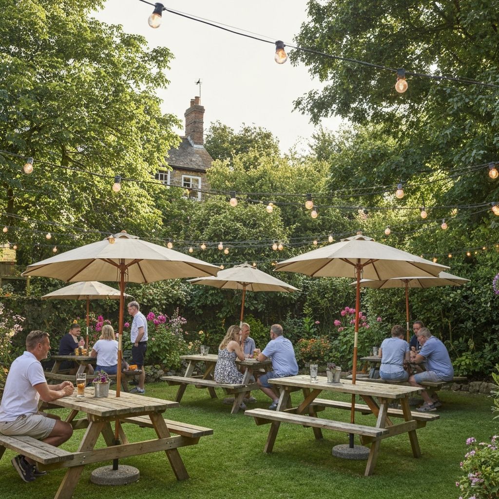 Pub beer garden with customers enjoying outdoor seating