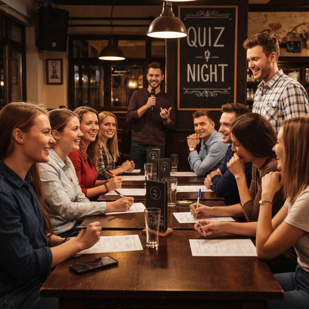 Teams enjoying pub quiz night with answer sheets