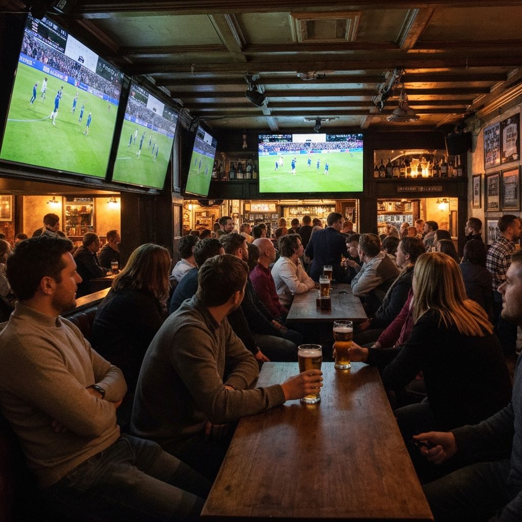 Pub with TV screens showing football match and customers watching