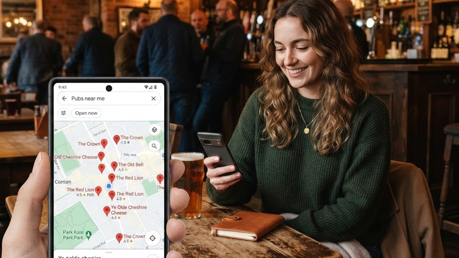 A customer in a cosy pub holding a smartphone showing a Google Maps search result for pubs near me