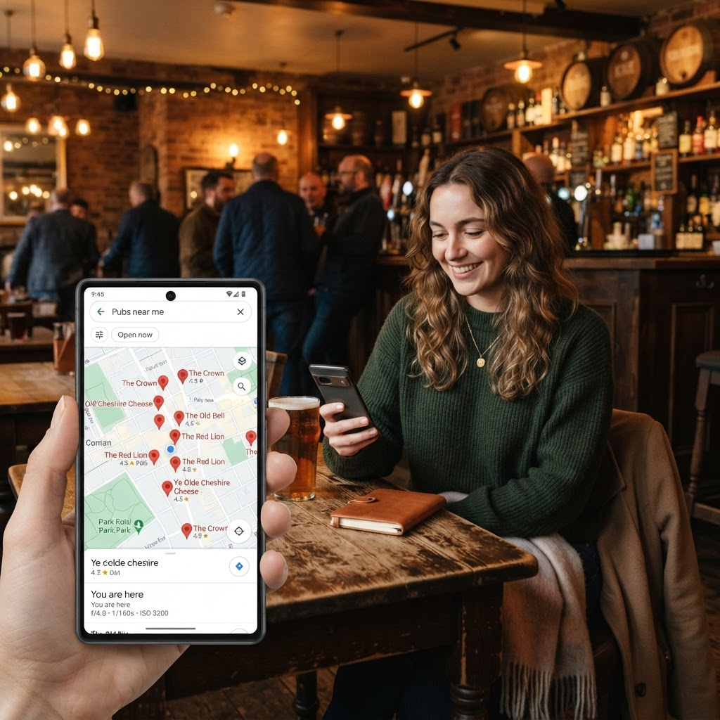 A customer in a cosy pub holding a smartphone showing a Google Maps search result for pubs near me