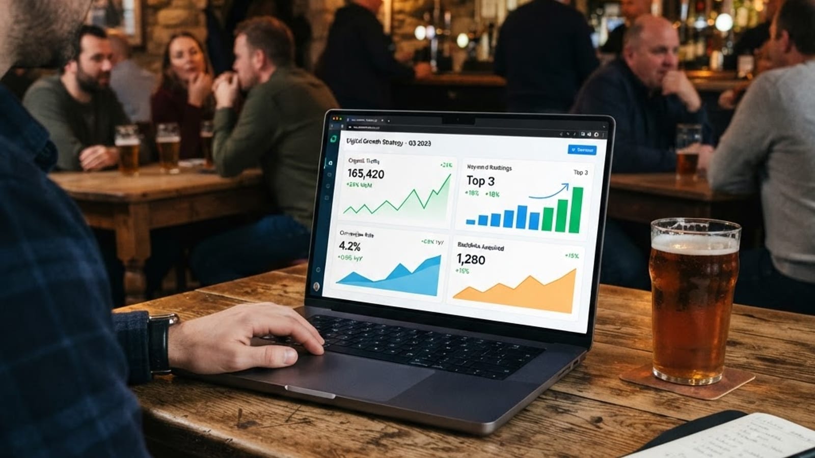A professional laptop showing an SEO dashboard with growth stats on a rustic pub table