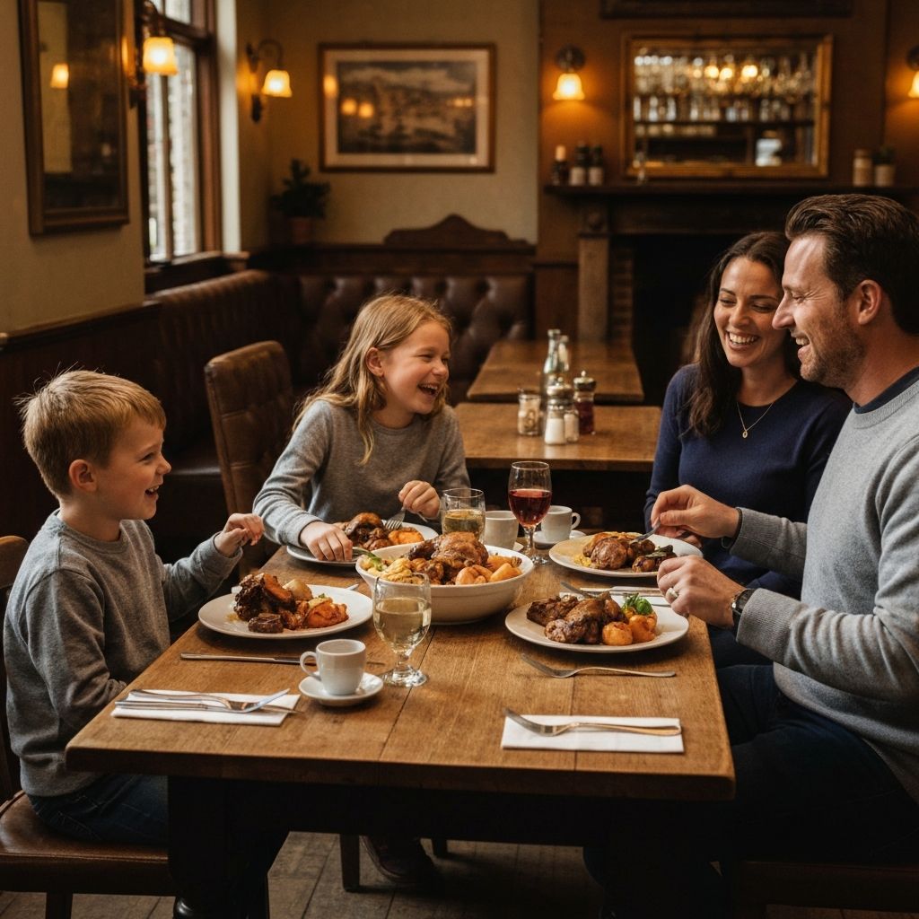 Family enjoying Sunday roast dinner together at a pub