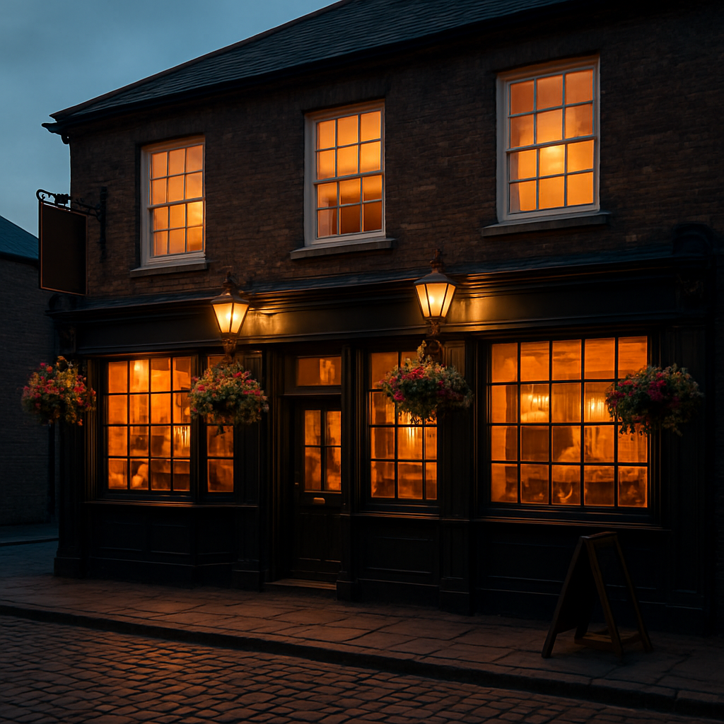 A traditional UK pub exterior at dusk with warm lighting and a welcoming atmosphere