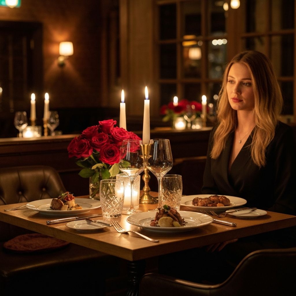Romantic Valentine's Day dinner setup with candles and wine