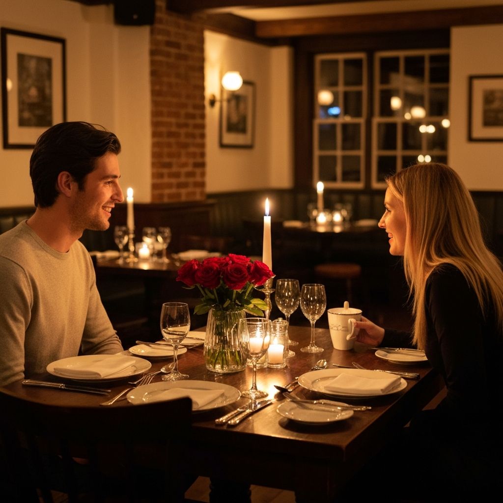 Romantic candlelit dinner setting in a pub