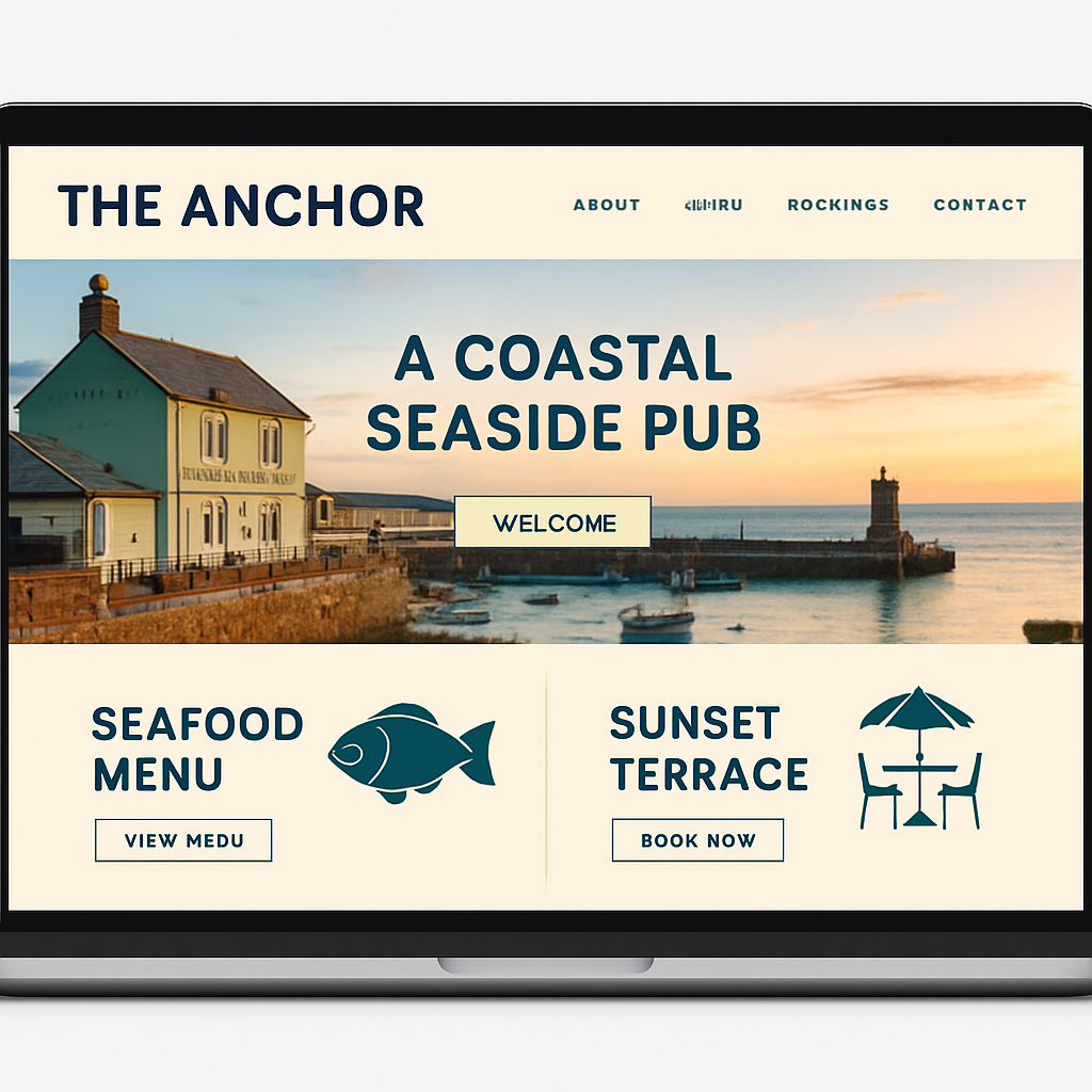 The Anchor pub website design example — a seaside free house