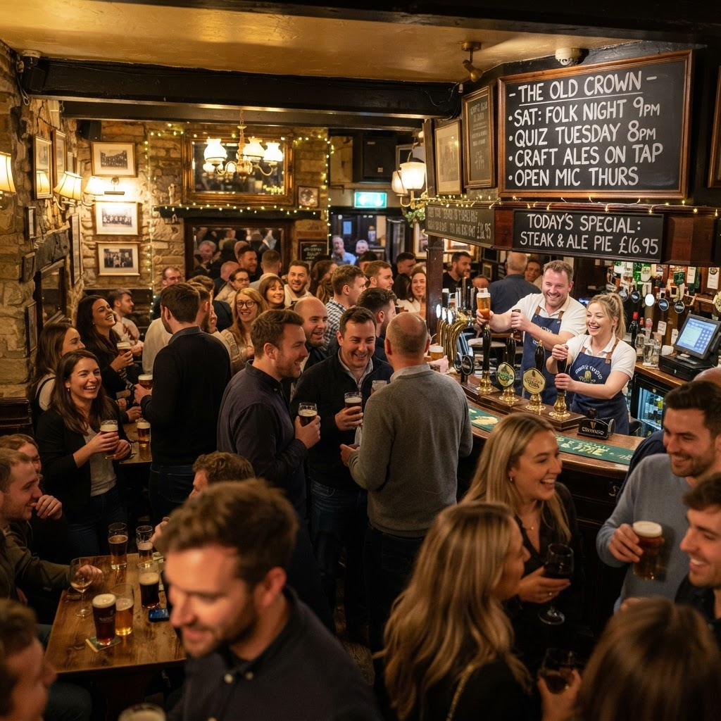 A busy, thriving British pub full of happy customers on a lively evening