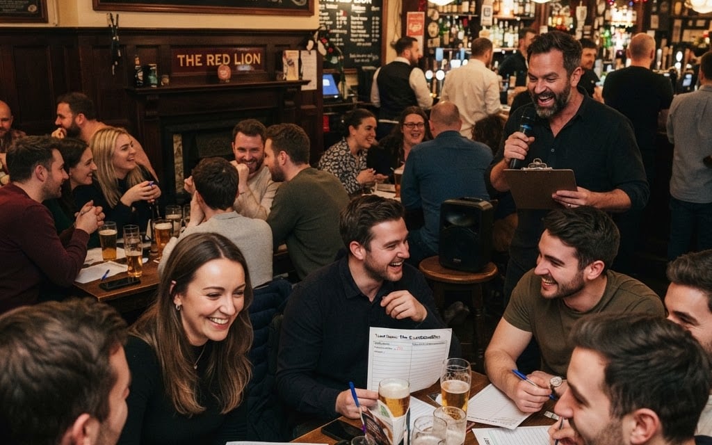 A busy pub quiz night with teams at tables and a host with a microphone