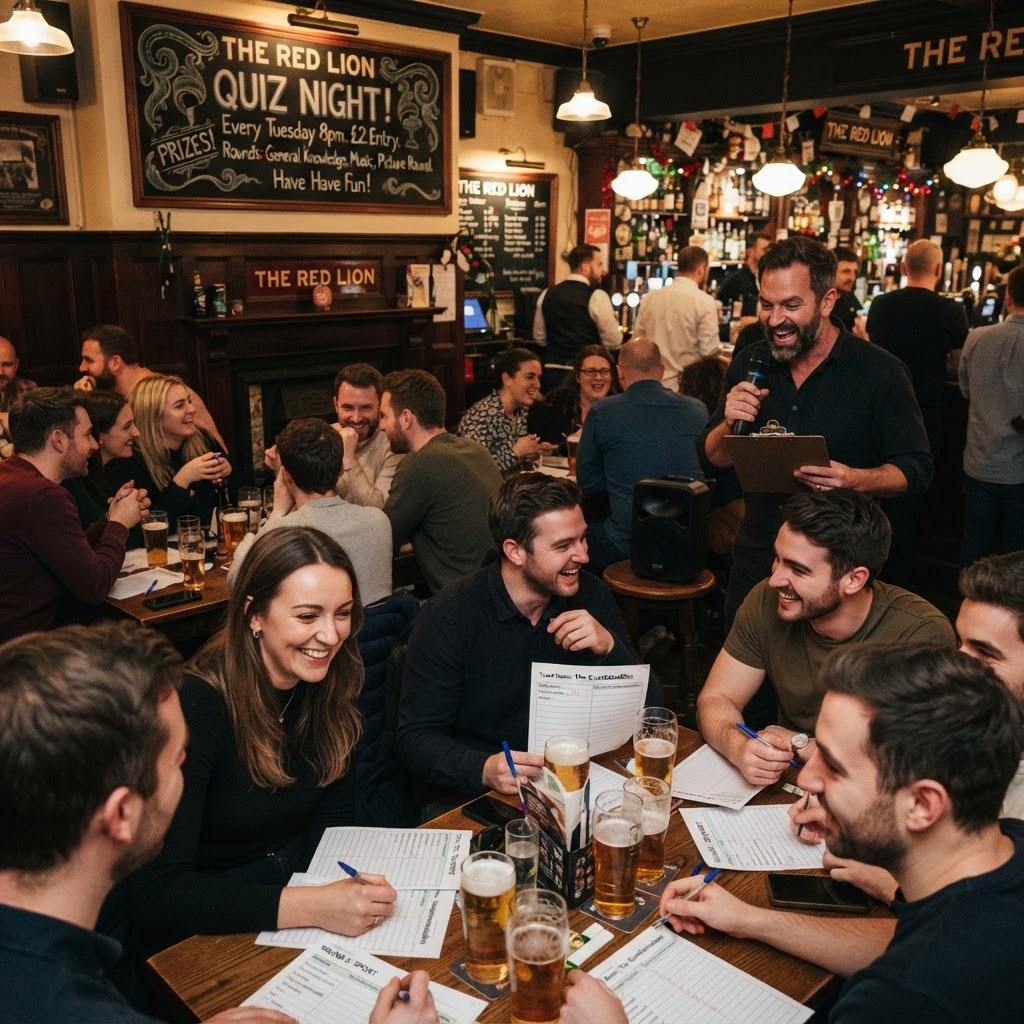 A busy pub quiz night with teams at tables and a host with a microphone
