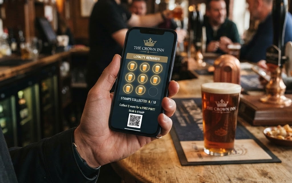 A customer holding a phone showing a digital pub loyalty card at the bar